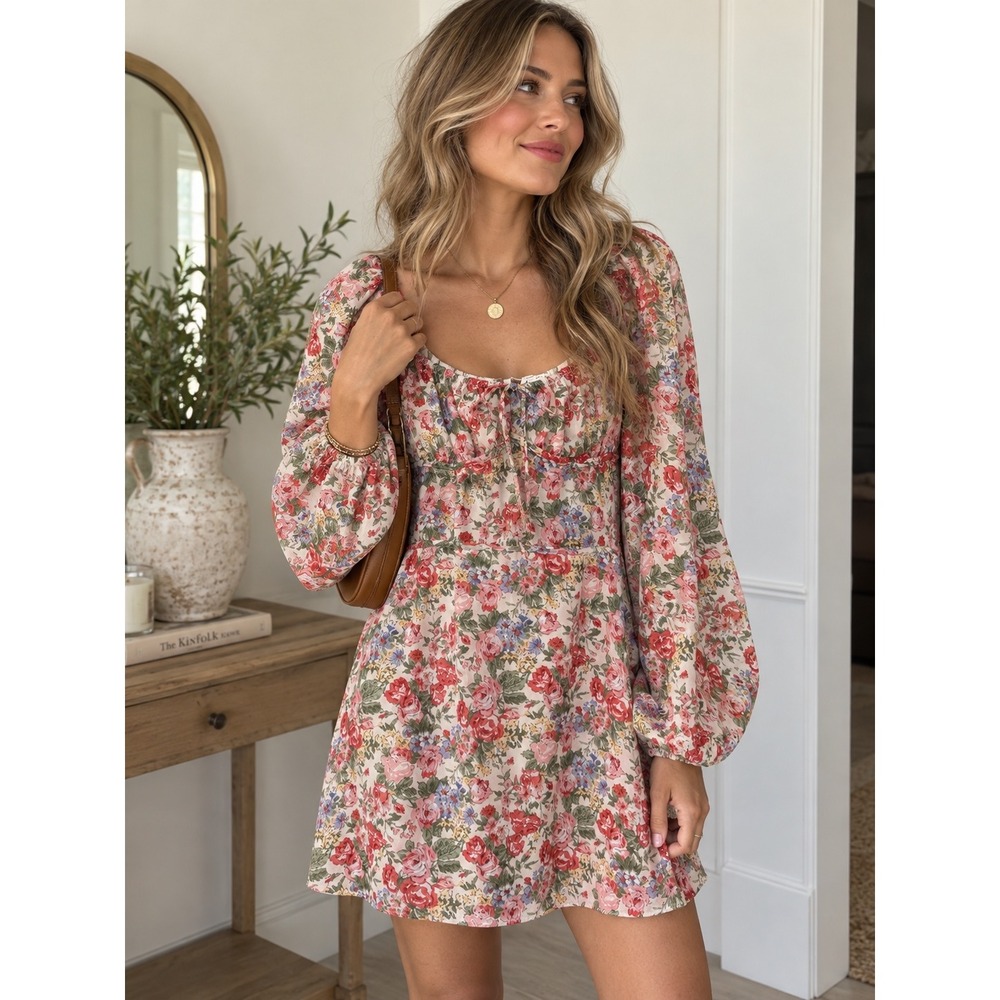 Sabo Skirt Nika Dress Floral Mini Balloon Sleeve Red Pink SAC3176S Womens Small